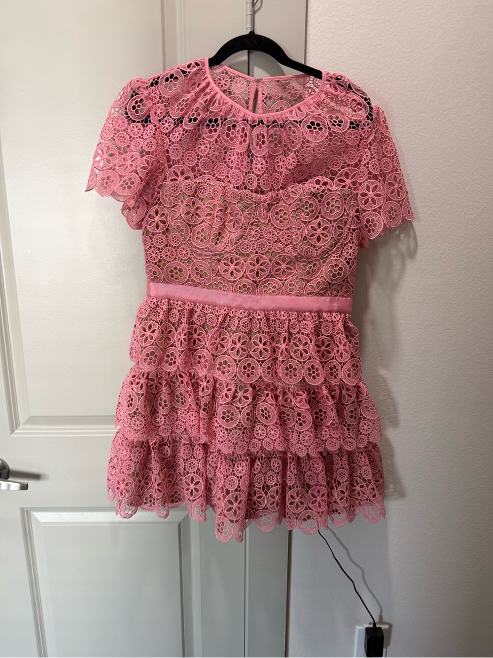 Self-Portrait Pink Floral Lace Tiered Mini Dress